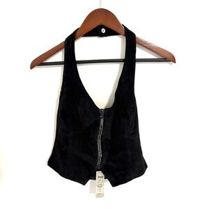 Cache Y2K Rhinestone Suede Leather Stretch Halter Neck Top NWT
